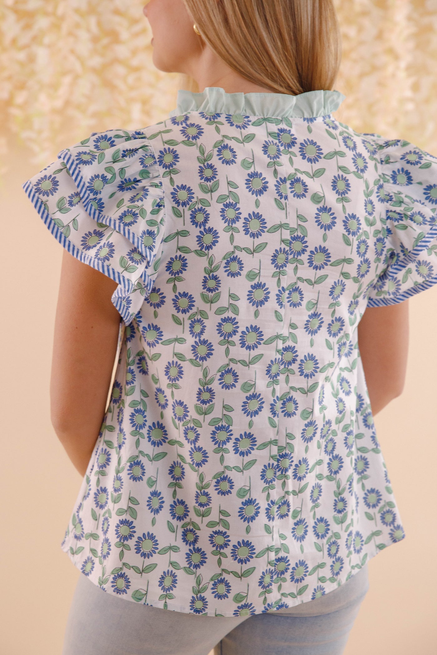 Floral Cotton Flutter Sleeve Blouse- Women's Cotton Tops- Entro Tops