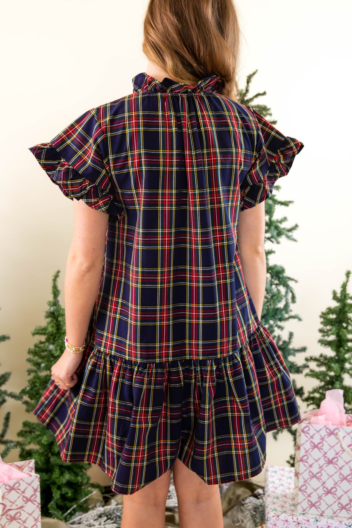 Navy Tartan Dress- Classic Tartan Ruffled Dress- Entro Plaid Dress