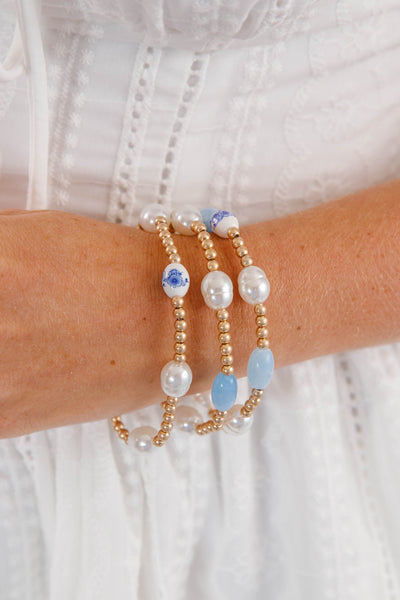 Blue and White Stretchy Pearl Bracelet Set