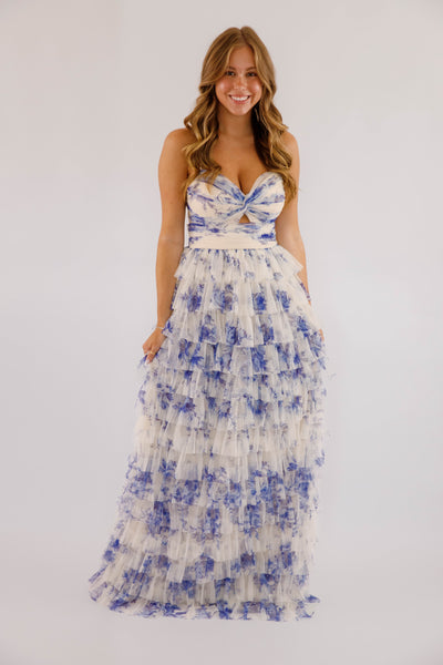 Blue and White Floral Tulle Maxi- Women's Tulle Strapless Gown- Women's Cocktail Dresses