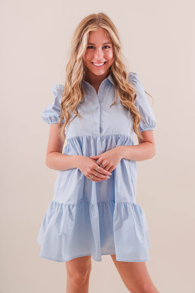 Women's Poplin Shirt Dress- Baby Blue Cotton Dress- TCEC Dresses