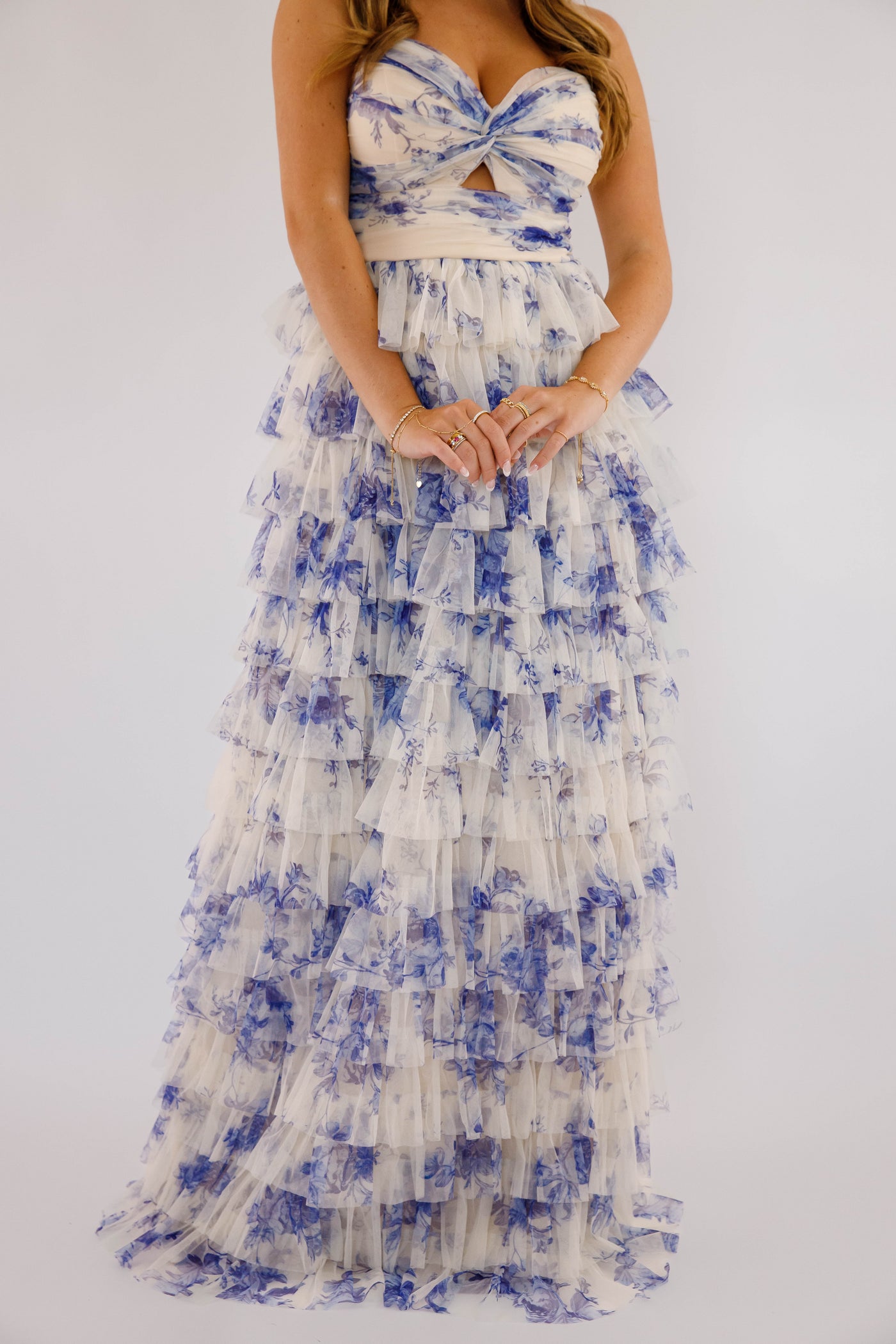 Blue and White Floral Tulle Maxi- Women's Tulle Strapless Gown- Women's Cocktail Dresses