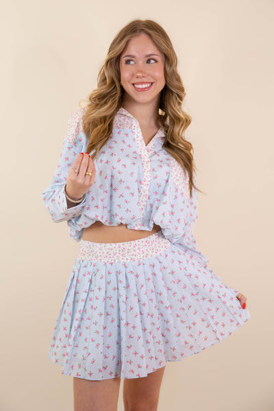 Floral Print Pleated Mini Skirt- Women's Spring Sets- PeachLove Floral Set