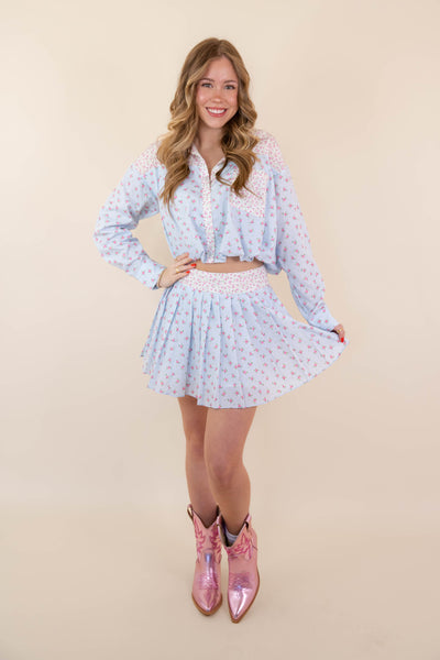 Floral Print Pleated Mini Skirt- Women's Spring Sets- PeachLove Floral Set
