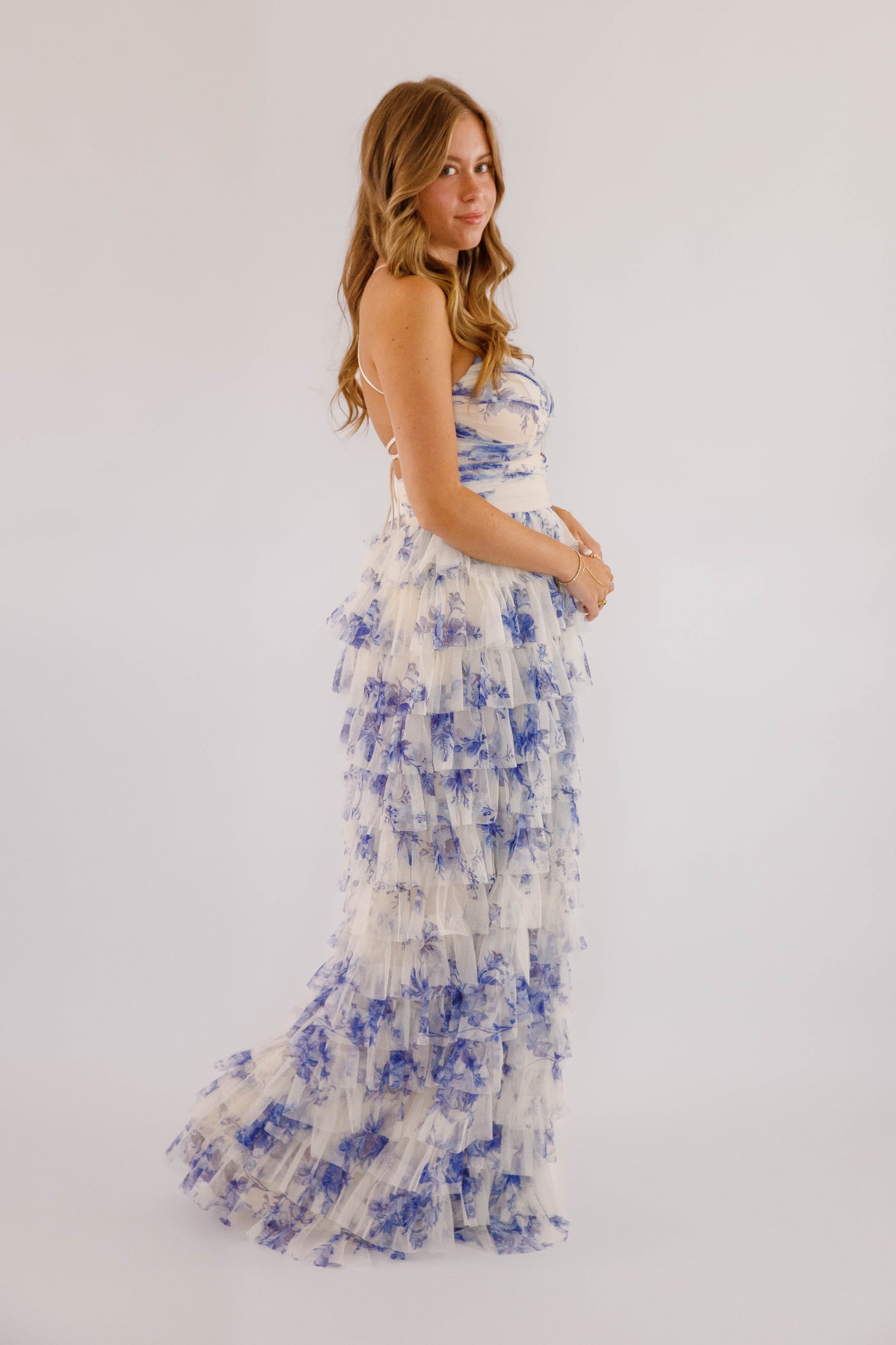 Blue and White Floral Tulle Maxi- Women's Tulle Strapless Gown- Women's Cocktail Dresses