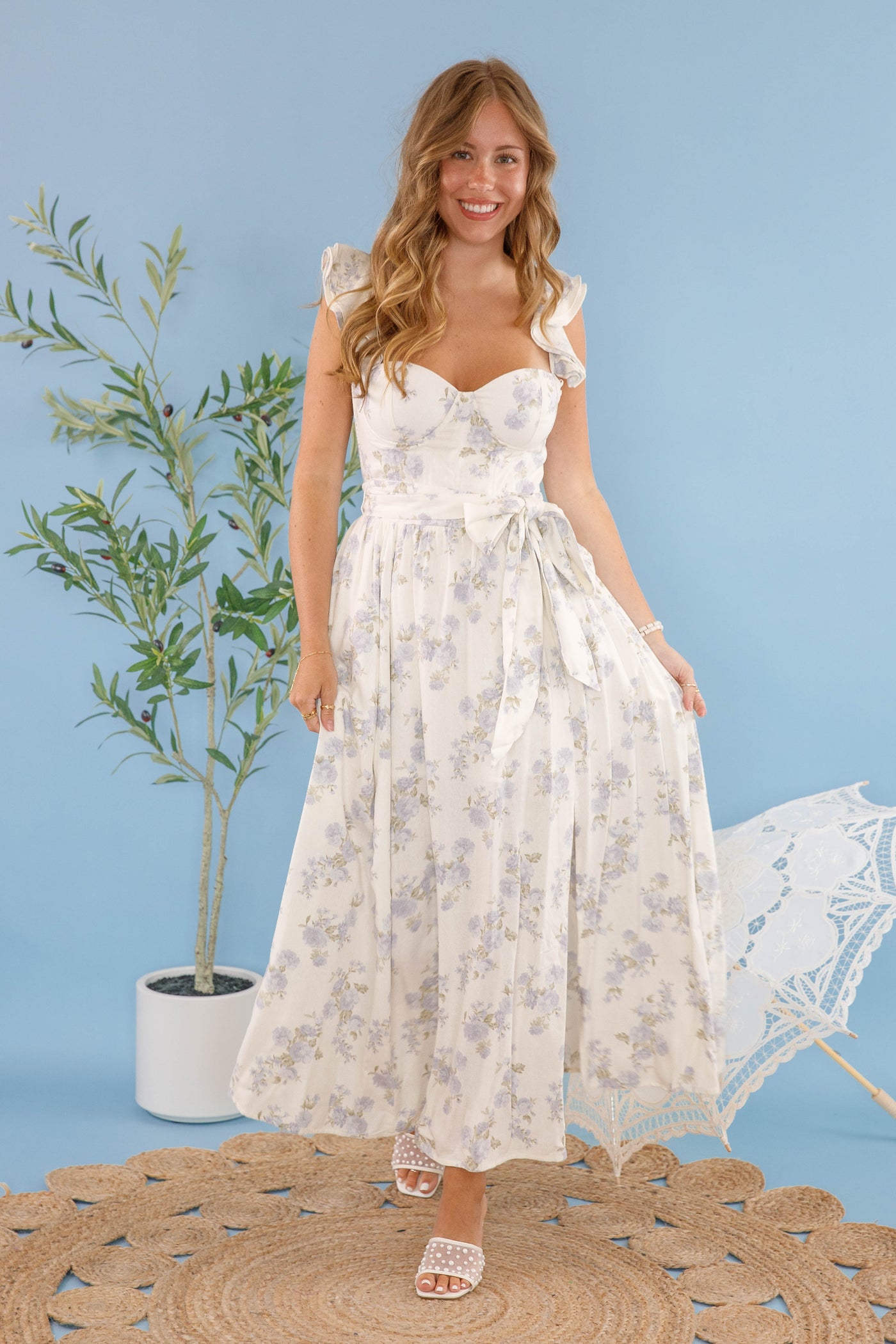 Lavender Floral Print Linen Blend Bustier Maxi Dress