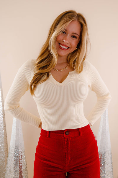 Sweater Knit Top- Women's Ivory Basic Top- Long Sleeve Layering Tops for Women