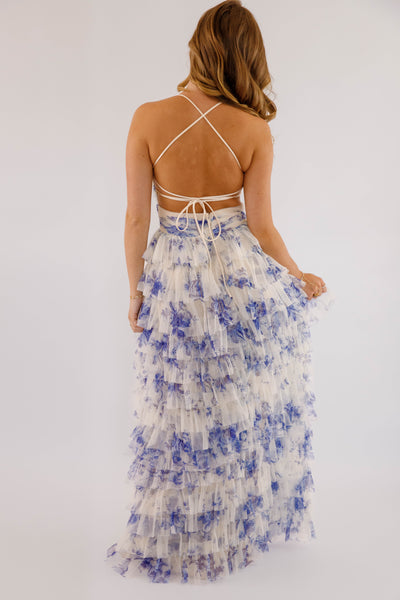 Blue and White Floral Tulle Maxi- Women's Tulle Strapless Gown- Women's Cocktail Dresses