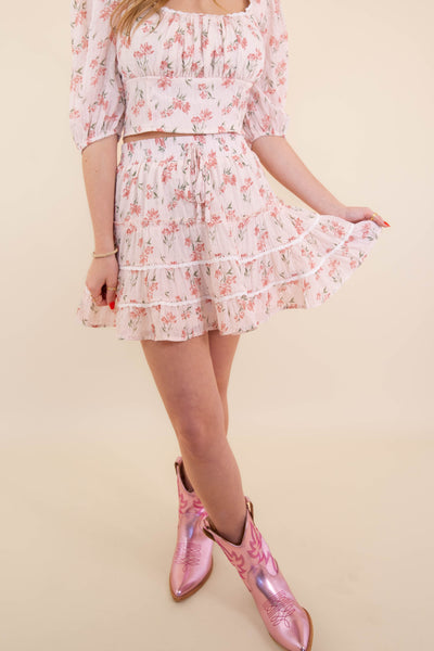 Ditzy Floral Print Mini Skirt- Women's Pink Floral Set- LoveShack Outfits