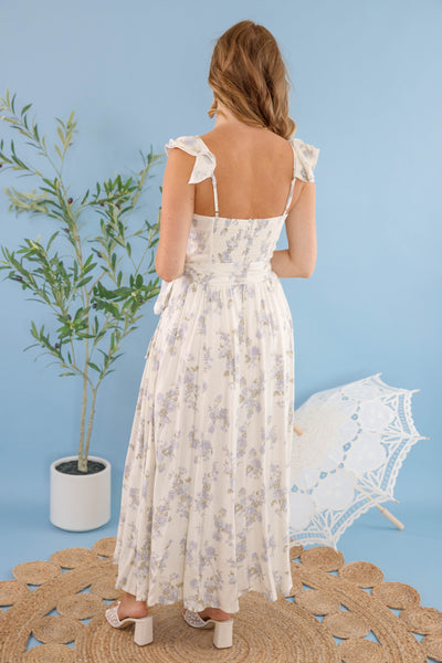 Lavender Floral Print Linen Blend Bustier Maxi Dress