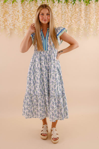 Floral Cotton Flutter Sleeve Midi Dress- Women's Cotton Print Dresses- Entro Midi Dress