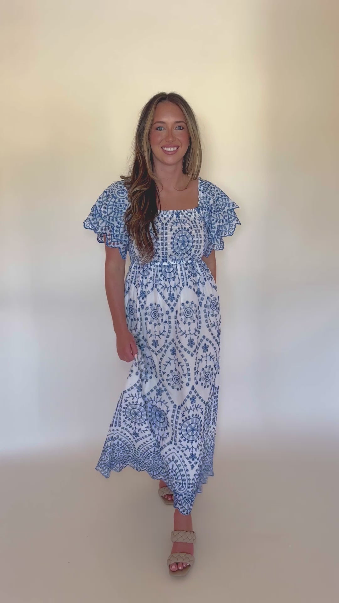 Women's White And Blue Maxi Dress- Blue Embroidered Maxi- Women's Coastal Dresses