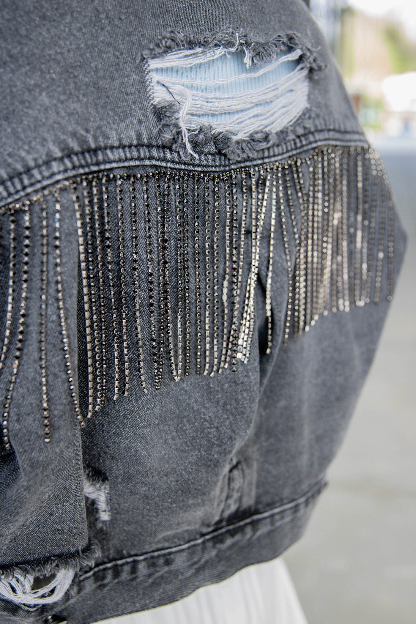 Black Rhinestone Denim Jacket- Rhinestone Fringe Denim Jacket- Nashville Outfit Ideas- Blue B Rhinestone Jacket
