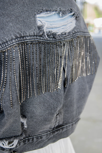 Black Rhinestone Denim Jacket- Rhinestone Fringe Denim Jacket- Nashville Outfit Ideas- Blue B Rhinestone Jacket