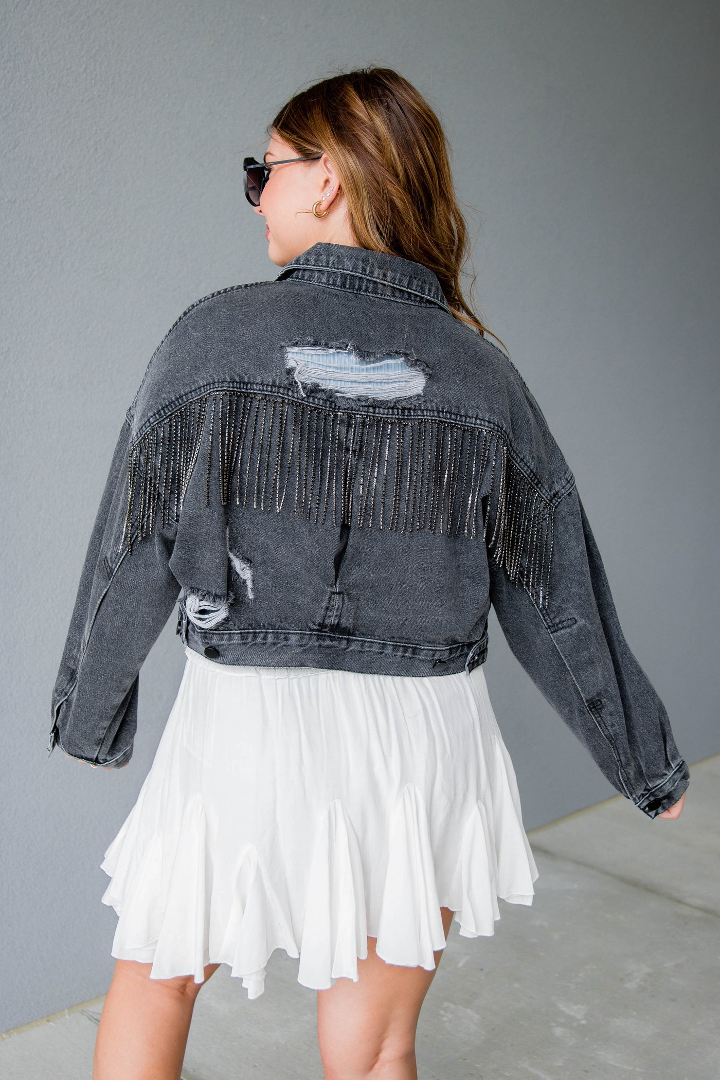 Black Rhinestone Denim Jacket- Rhinestone Fringe Denim Jacket- Nashville Outfit Ideas- Blue B Rhinestone Jacket