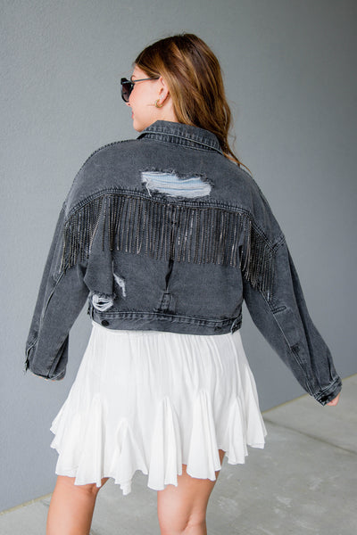Black Rhinestone Denim Jacket- Rhinestone Fringe Denim Jacket- Nashville Outfit Ideas- Blue B Rhinestone Jacket