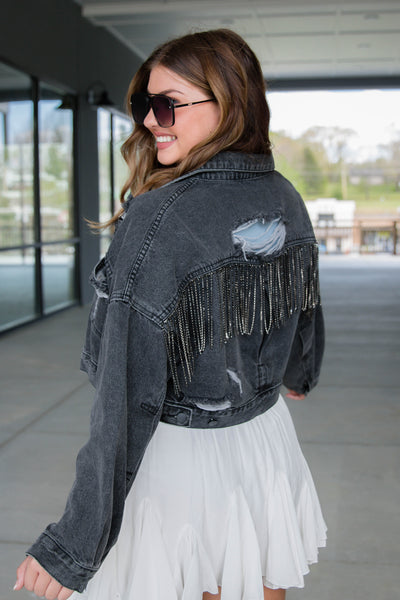 Black Rhinestone Denim Jacket- Rhinestone Fringe Denim Jacket- Nashville Outfit Ideas- Blue B Rhinestone Jacket