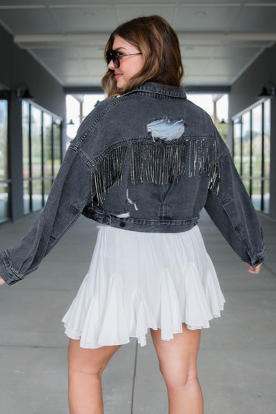 Black Rhinestone Denim Jacket- Rhinestone Fringe Denim Jacket- Nashville Outfit Ideas- Blue B Rhinestone Jacket